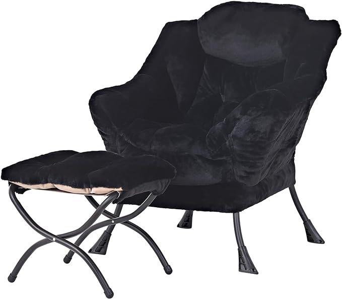 Tiita Lazy Chair with Ottoman, Modern Large Accent Lounge Armchair, Comfy Leisure Sofa Reading Chair with Footrest for Bedroom, Living Room, Dorm Rooms, Garden and Courtyard, Plush Black