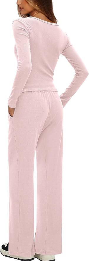 Darong Womens 2 Piece Matching Lounge Sets 2026 Long Sleeve Henley Shirts Wide Leg Pants Airport Travel Outfits