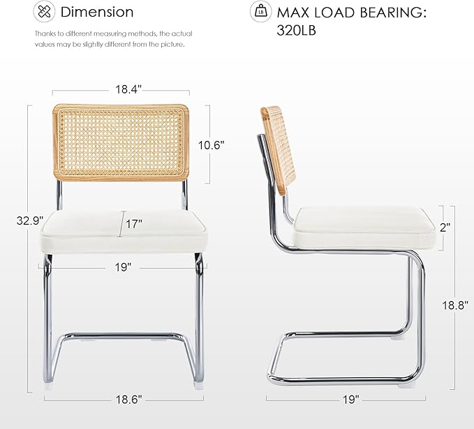 Zesthouse Natural Rattan Dining Chairs Set of 2, Modern Dining Room Chairs with Solid Wood Back for Kitchen Living Room, Mid Century Breuer Design Inspired, Upholstered Velvet Fabric, White