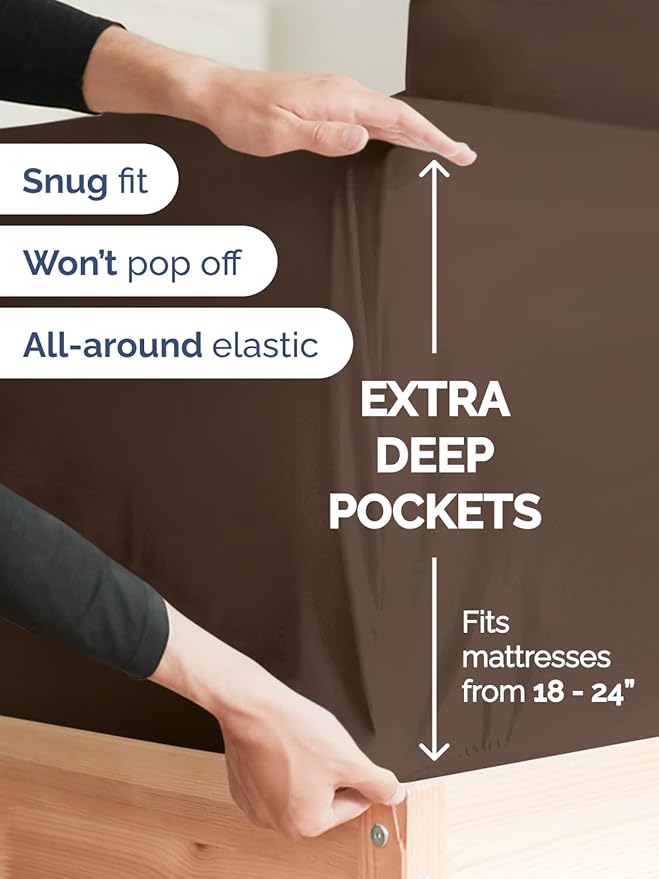 Extra Deep Pocket Queen Sheet Set - 4 Piece Breathable & Cooling Bed Sheets - Hotel Luxury Sheet Set - Ultra Soft, Wrinkle Free & Comfy - Easily Fits Extra Deep Mattresses - Deep Pocket Brown Sheets