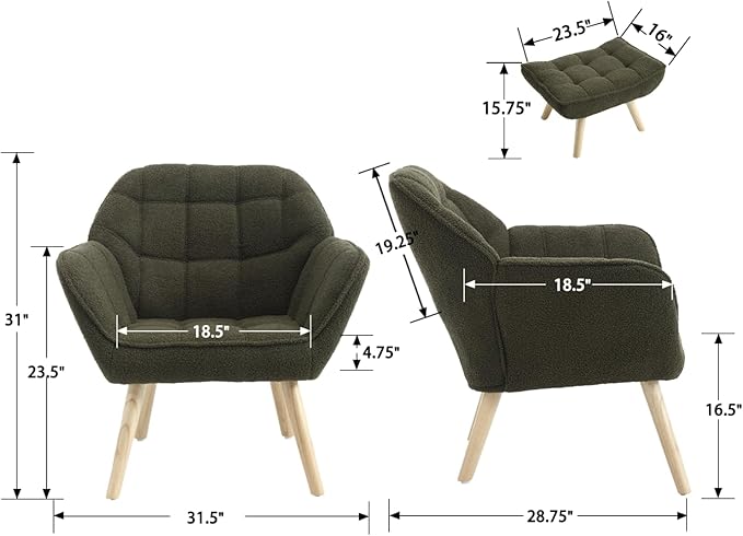 QUINJAY Modern Sherpa Accent Chair with Ottoman, Fluffy Upholstered Lounge Chair with Footrest, Comfy Living Room Side Boucle Armchair for Small Space Bedroom Apartment, Green