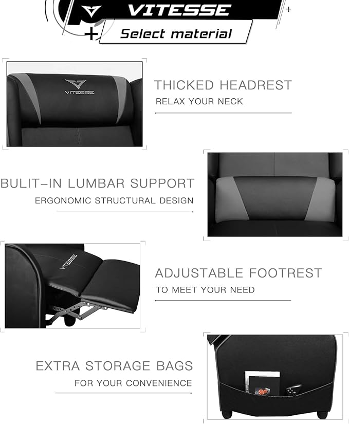 VITESSE Gaming Recliner Chair Racing Style Single PU Leather Sofa Modern Living Room Recliners Ergonomic Comfortable Home Theater Seating, Grey