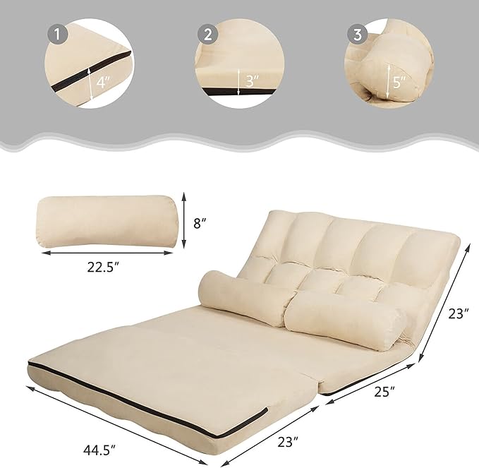 DORTALA Foldable Floor Sofa, 6-Position Adjustable Lounge Couch with 2 Pillows & Suede Cloth Cover, Modern Lounge Mattress Video Gaming Lazy Couch, Suede Floor Seating Sofa, 71" x 44.5", Beige