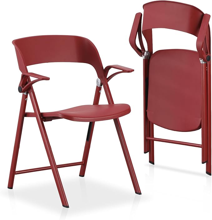 KAIHAOWIN 2 Pack Plastic Folding Chair with Armrest, Heavy Duty Foldable Chairs with Steel Frame Commercial Stackable Guest Chairs for Indoor and Outdoor-Red