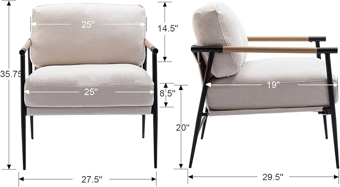 Mid-Century Accent Chair, Soft Armchair Chenille Fabric Lounge Chair with Black Metal Legs, Upholstered Leisure Chair for Living Room Bedroom Reception Room, 1PC, Beige
