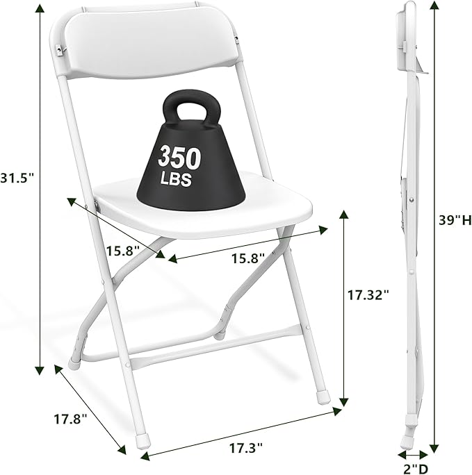 Folding Chairs 4 Pack, Plastic Folding Chairs for Outside, Heavy Duty Foldable Chairs, Sturdy Metal Folding Chairs, 350 lbs Capacity, for Patio, Garden, Camping, White