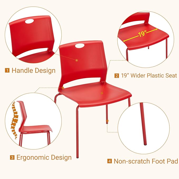Sidanli Stackable Office Chairs, Red Guest Chairs with Comfortable Streamline Seat, Stacking Chairs No Wheels for Conference Room, Set of 4.
