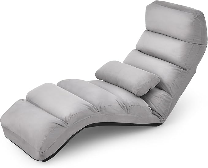 Giantex Folding Lazy Sofa Chair, Modern Chaise Lounge W/Pillow for Reading Leisure, Foldable Comfy Floor Accent Chair for Bedroom Living Room (Gray)