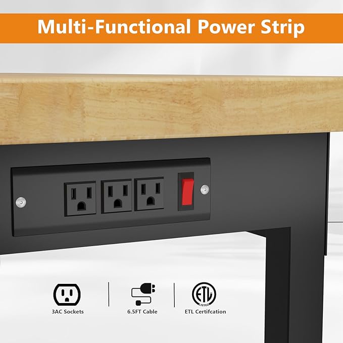 48" Heavy Duty Work Bench with Power Outlets, Adjustable Height Workbench with Rubber Pad, 2000 LBS Capacity Work Table for Garage, Workshop, Office, Home