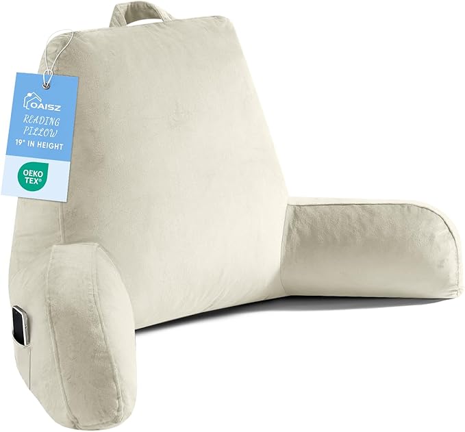 OAISZ Reading Pillow for Sitting in Bed Adult, Reading Pillow with Shredded Memory Foam, Bed Pillow with Washable Cover, Back Pillow Sitting Up with Extend Arms, Beige, X-Large
