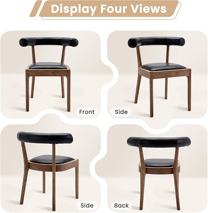 Kmax Dining Room Chairs Mid-Century Modern Leather Kitchen Chairs with Natural Walnut Finished Frame, PU Curved Back, 2-Pcs Set, PU Black