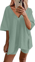 Ekouaer Womens Pajamas 2 Piece Lounge Sets Oversized V Neck T-Shirts Tops Biker Shorts Set Workout Reversible Tracksuit S-XXL