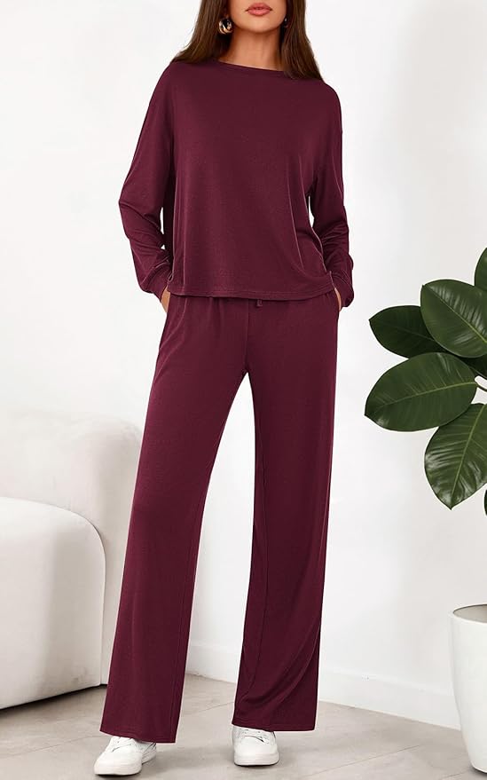 PRETTYGARDEN Womens 2 Pieces Lounge Sets Crewneck Long Sleeve Wide Leg Drawstring Pants Tracksuits Loose Fit Outfits Set