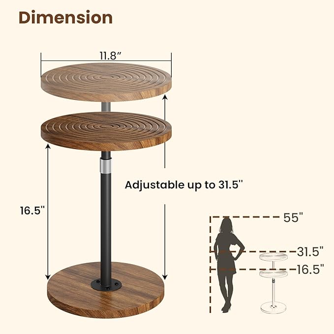 Asgolion Round Side Table, Adjustable-Height Small Drink Table, Pedestal Martini Stand, Weighted Base Cocktail Table Accent Nightstand for Living Room, Bedroom, Bathroom, Office, Walnut
