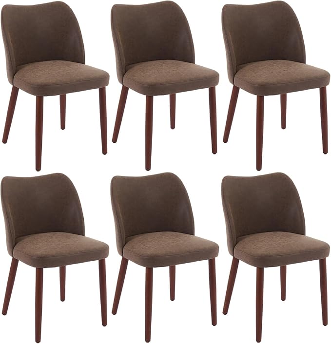ElfinAura Dining Chair Set of 6, Leather Upholstered Dining Chair with Wood Legs, Wing Backrest, Wooden Kitchen Chair, Kitchen Chairs with Thick Cushions for Dining Room, Living Room, Taupe
