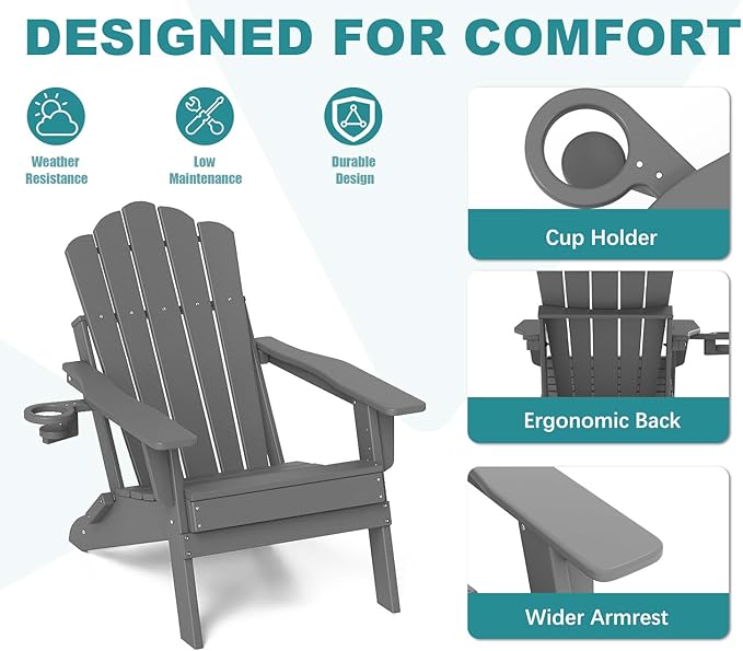 FOOWIN Adirondack Chair Set of 6, Folding Adirondack Chair with Cup Holder, HDPE All-Weather Fire Pit Chair for Patio, Garden, Backyard, Poolside, Grey