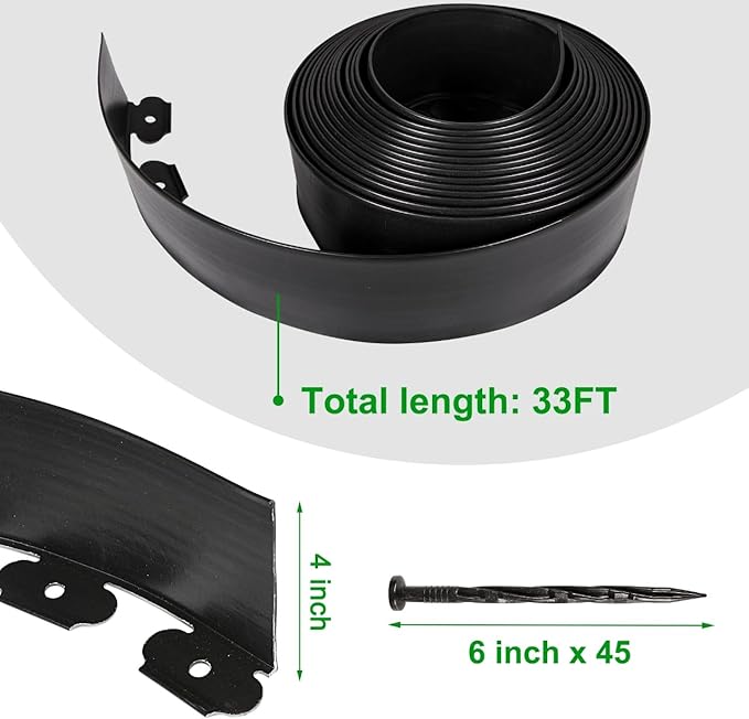 Hemikaki 4 Inch Tall Garden Edging Border 33FT with 45pcs Spikes, Plastic Edging Border for Landscaping, Lawn, Garden, Flower Beds, Paver, Pathway