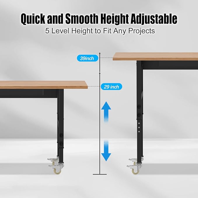 48” Heavy-Duty Solid Wood Work Bench Work Table with Wheels, Adjustable Height Portable Workbench with Power Outlets, 3000 Lbs Capacity Workstation for Garage, Workshop, Office