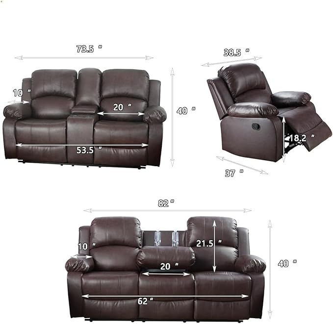 AYCP Bonded Leather Living Room Furniture Set Reclining Sofa Set Loveseat Furniture Sets in Living Room Sofa Recliners (3 Pieces, Brown)