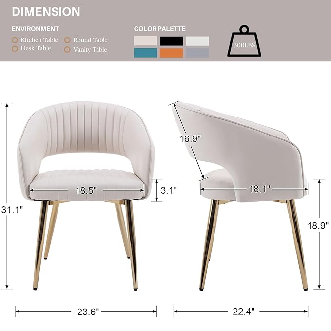 Faux Leather Dining Chairs Gold Legs, Modern Cream PU Leather Dining Room Chairs with Arms Set of 2 Upholstered Accent Chair Armchair with Barrel Back for Kitchen Living Room