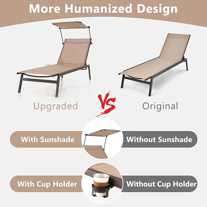 HAPPYGRILL Outdoor Chaise Lounge, 6-Position Recliner Lounger with Adjustable Sun Shade & Cup Holder, Adjustable Reclining Chair for Outside Beach Balcony Poolside