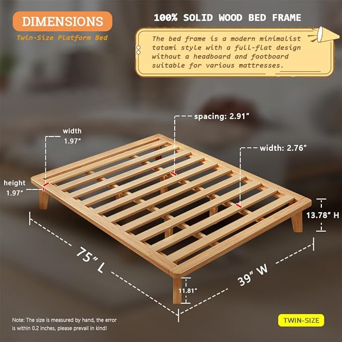 NELYE Twin Platform Bed Base - 14 Inch Solid Wood Mattress Foundation with Support Slats and Legs, Twin-Size Rubberwood Simple Bed Frame