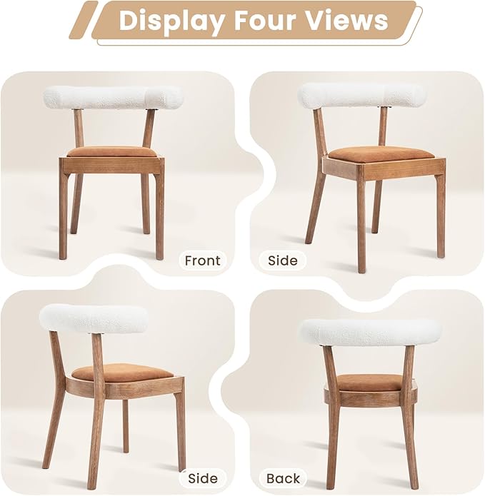 Kmax Dining Room Chairs, Mid-Century Modern Leather Kitchen Chairs with Natural Walnut Finished Frame, Fur White Curved Back, Set of 4, PU Brown