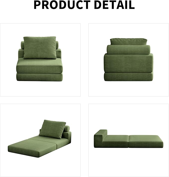 Folding Sofa Bed – Convertible Sleeper Chair Bed with Pillows/Single Floor Couch/Small Futon Couch Filled with High-Density Foam for Lounge, Guest Room or Office (Green)