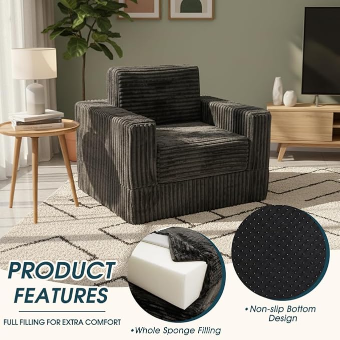 Segreto Lazy Floor Sofa for Adult Plush Lounger Armrest Bean Bag Chairs with Memory Foam Filler Ultra Soft Fluffy Large BeanBag Chair for Living Room Dorm Bedroom,Dark Grey