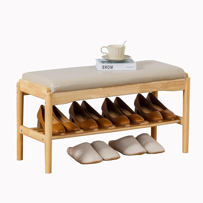 latifolia Small Shoe Bench, Solid Wood Bench with Cushion, 2 Tier Shoe Storage Organizer for Entryway(Nature,31.50''L)
