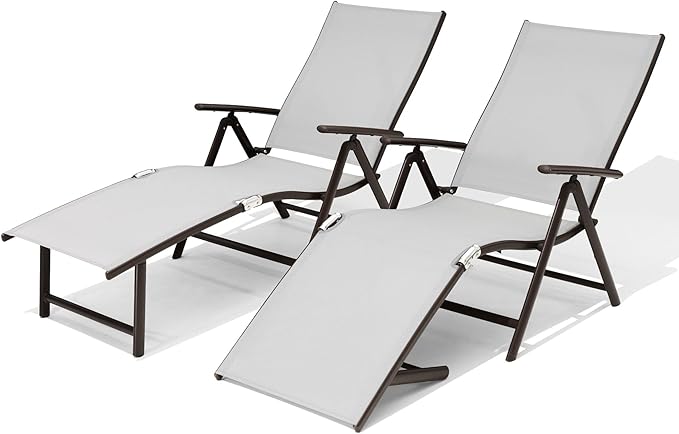 VredHom 2PCS Patio Chaise Lounge Outdoor Adjustable Folding Lounge Chair Recliner with 8 Adjustable Backrest Positions for Pool Beach Yard, Light Grey Textliene & Brown Aluminum Frame