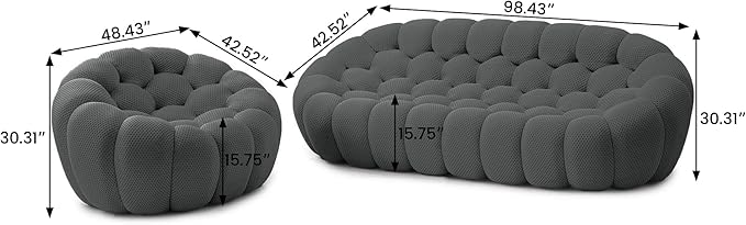 JACH 3 Seater Bubble Sofa and Single Seat Curved Couch, Comfy Upholstered Sofa, Mesh Fabric 3D Honeycomb Shape Modern Couch for Living Room, Office, Apartment, Small Space (Grey)