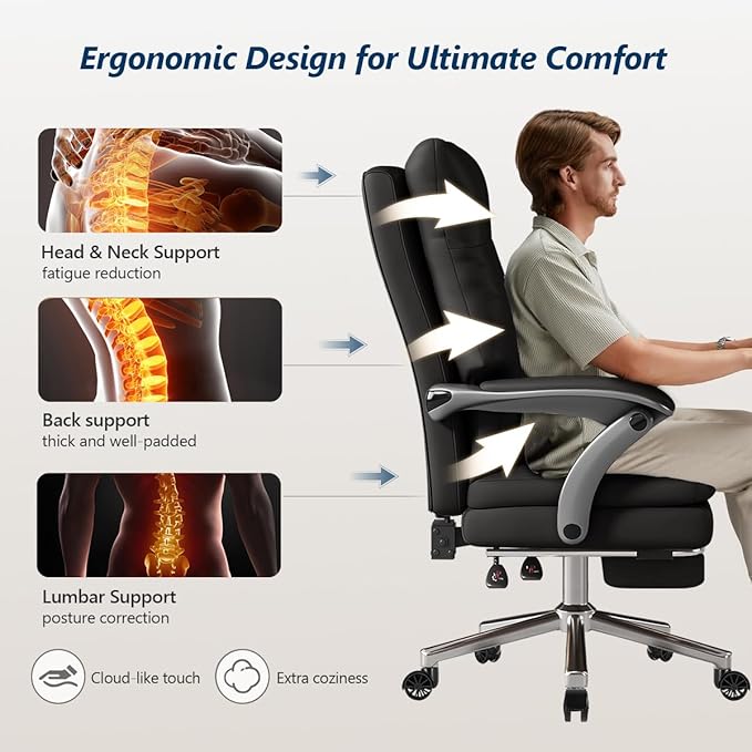 WXJHL Big and Tall Office Chair 600 lbs Wide Seat, Leather High Back Executive Office Chair with Leg Rest, Ergonomic Desk Chairs with Lumbar Support for Home Office, Black
