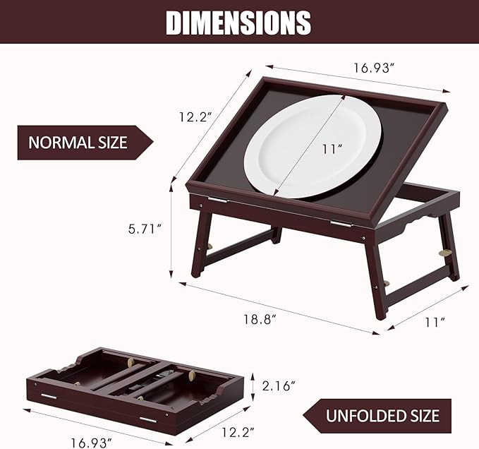 2 Pack Bamboo Adjustable & Foldable Bed Tray Table with Ergonomic Handle, 17x12in Breakfast Tray for Eating, Laptop Desk, Sofa Snacking, Non-Slip Surface (Mahogany)