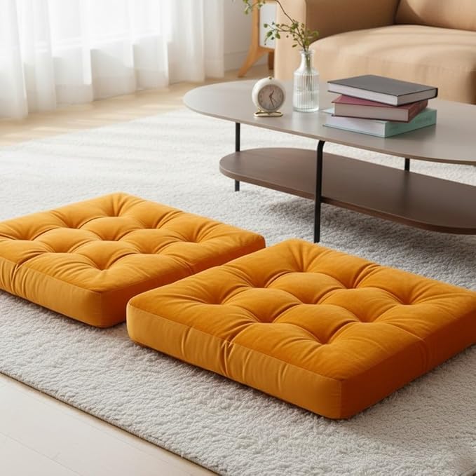 Velvet Floor Pillow Set of 2, Square Large Pillows Seating for Adults, Tufted Cushions for Meditation, Yoga, Tatami, Living Room, Chair, Machine-Washable & Dryer-Safe, Orange, 22x22 Inch