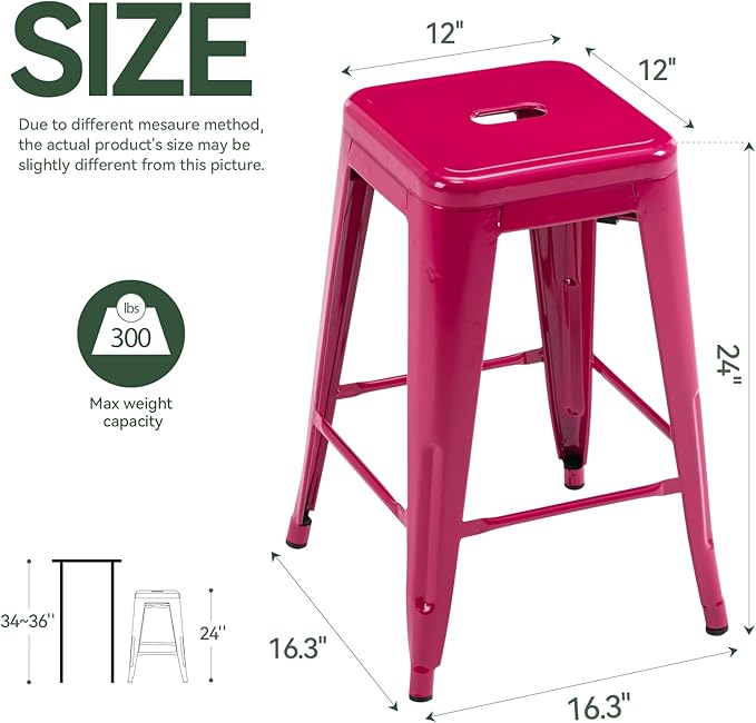 Vogue Furniture Direct 24 Inch Metal Bar Stools, Backless Counter Height Barstools, Indoor Outdoor Stackable Stools with Square Seat, Set of 2 (Hot Pink)