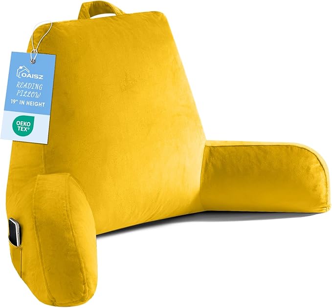 OAISZ Reading Pillow for Sitting in Bed Adult, X-Large Reading Pillow with Shredded Memory Foam, Back Pillow for Sitting Up with Extend Arms, Pockets, Bed Pillow with Washable Cover, Yellow