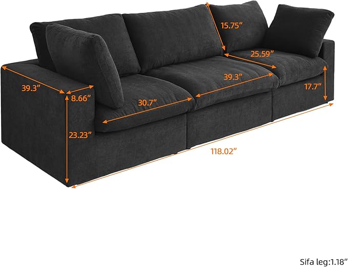 3 SeaterCloud Sectional Couch, Black Modular Sectional Sofa, Modern Comfy Sofa, Covers Removable, Convertible Sleeper Couch for Living Room Apartment (Linen Fabric)