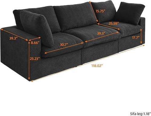3 SeaterCloud Sectional Couch, Black Modular Sectional Sofa, Modern Comfy Sofa, Covers Removable, Convertible Sleeper Couch for Living Room Apartment (Linen Fabric)