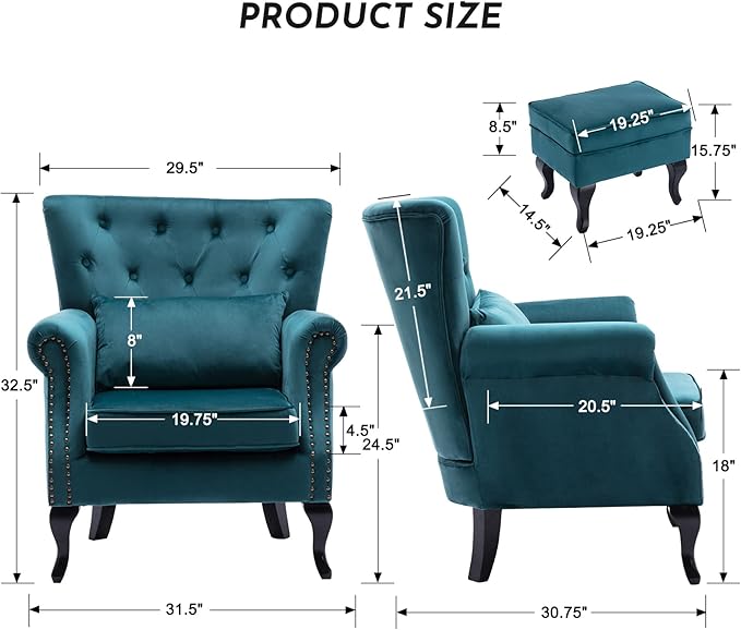 LZAREAL Accent Reading Arm Chairs with Ottoman Set of 2 for Living Room Bedroom, Midcentury Modern Corner Sofa Chair, Wingback Waiting Room Club Chair with Tufted Back &Lumbar Pillow, Velvet Teal