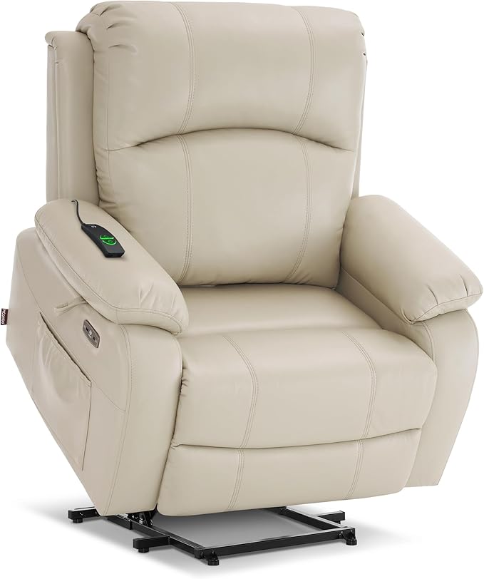MCombo Small-Wide Power Lift Recliner Chair with Massage and Heat for Petite Elderly People, 3 Positions, 2 Side Pockets, USB Ports, Faux Leather R7410 (Beige, Small-Wide)