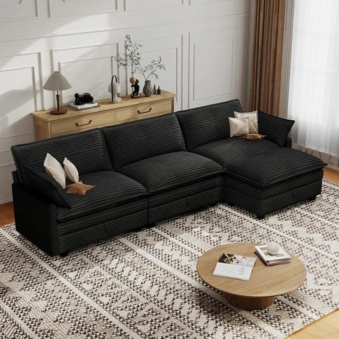 Modular Sectional L Shaped Sofa Couches with Storage Ottoman, Cloud Couch for Living Room, Comfy Sofa with Pillow, Dark Black