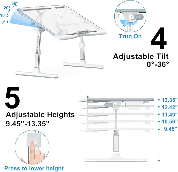 Bed Desk for Laptop - Marble Pattern, Adjustable X-Large Foldable Lap Desk, Laptop Lap Desk with 2 Movable Stoppers and Drawer for Bed Couch Floor Writing Eating Working (23.6 inch)