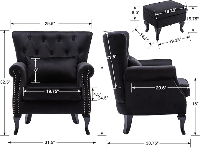 chairus Mid-Century Modern Accent Chair with Ottoman, Comfy Velvet Single Sofa Chair Button Tufted Wingback Armchair with Pillow for Living Room/Bedroom/Club - Black