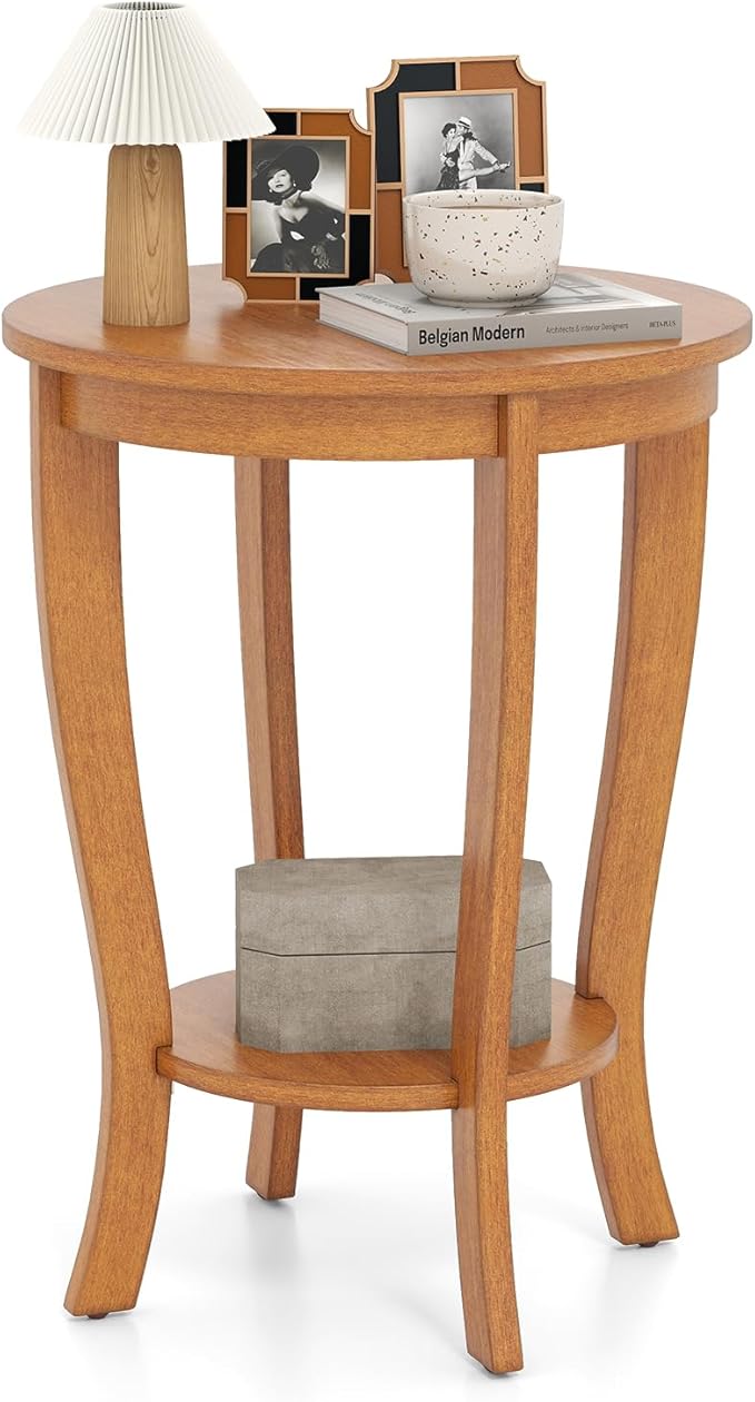 GOFLAME 2-Tier Round End Table, 18” Sofa Side Table with Storage Shelf, Floor Tea Table with Solid Wood Legs, Compact Nightstand for Small Space, Living Room, Bedroom, Light Brown