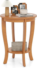 GOFLAME 2-Tier Round End Table, 18” Sofa Side Table with Storage Shelf, Floor Tea Table with Solid Wood Legs, Compact Nightstand for Small Space, Living Room, Bedroom, Light Brown