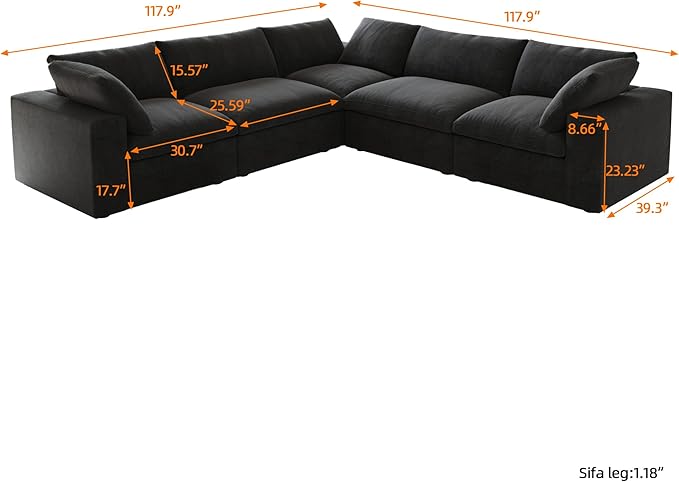 V-Shaped Cloud Sectional Couch, Modular Sectional Sofa, Modern Comfy Cloud Sofa, Covers Removable, Convertible Sleeper Couch for Living Room Apartment (Black, Linen Fabric)
