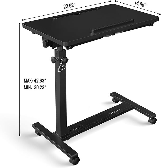 Adjustable Overbed Bedside Table, Hospital Bed Table with Wheels, Portable Rolling Desk, Mobile Small Standing Desk, Rolling Laptop Stand, Computer Cart