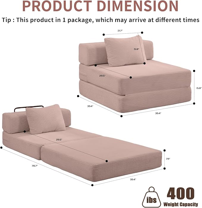 Folding Sofa Bed, Convertible Sleeper Chair with Pillow, Single Sofa with Back Support, Portable Fold Out Chair Cloud Couch Bed, Comfy Floor Sofa Lounge for Living Room Bedroom, Pink