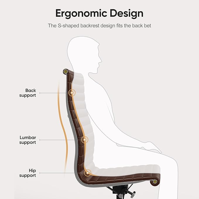 OTDMEL Armless Ribbed Office Desk Chair with Top Grain Leather, High Back Ergonomic Swivel Room Chair, Adjustable Height 5-Star Base, Brown